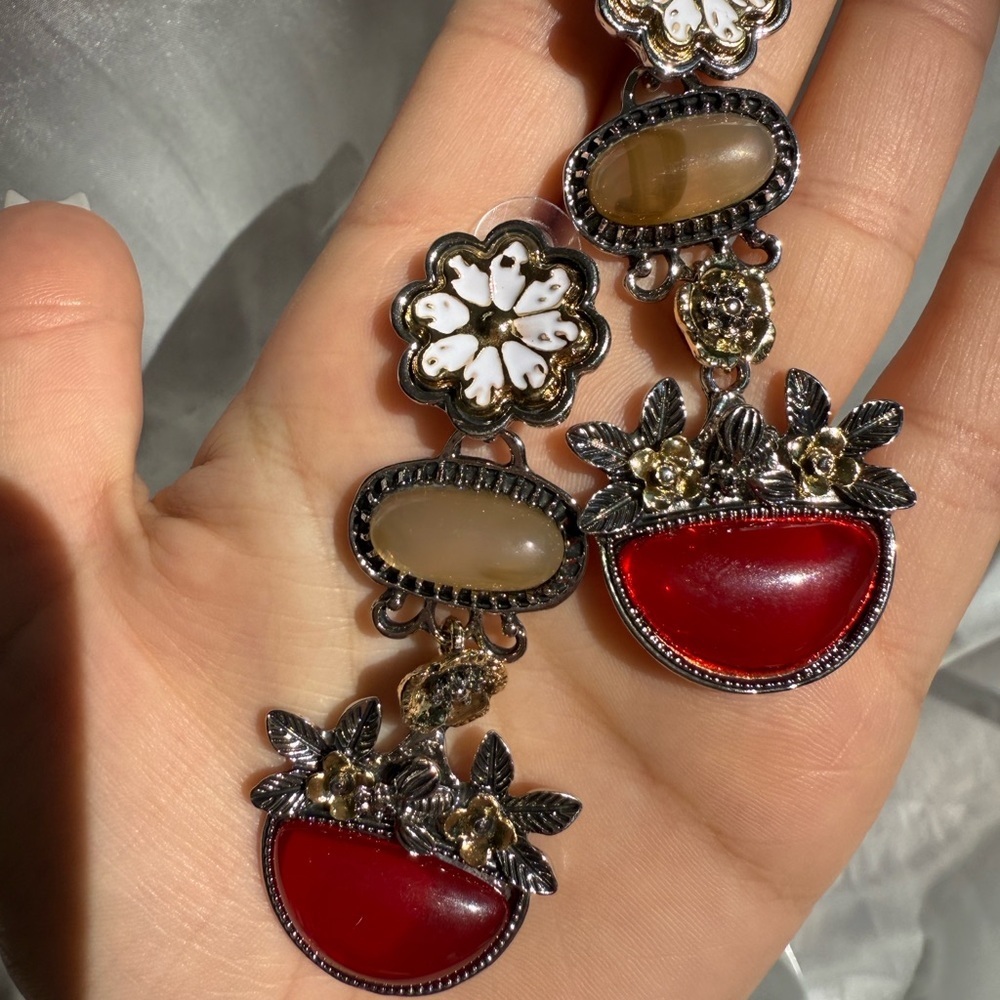 New! Boho Zara flower Red and Gold Statement Earrings